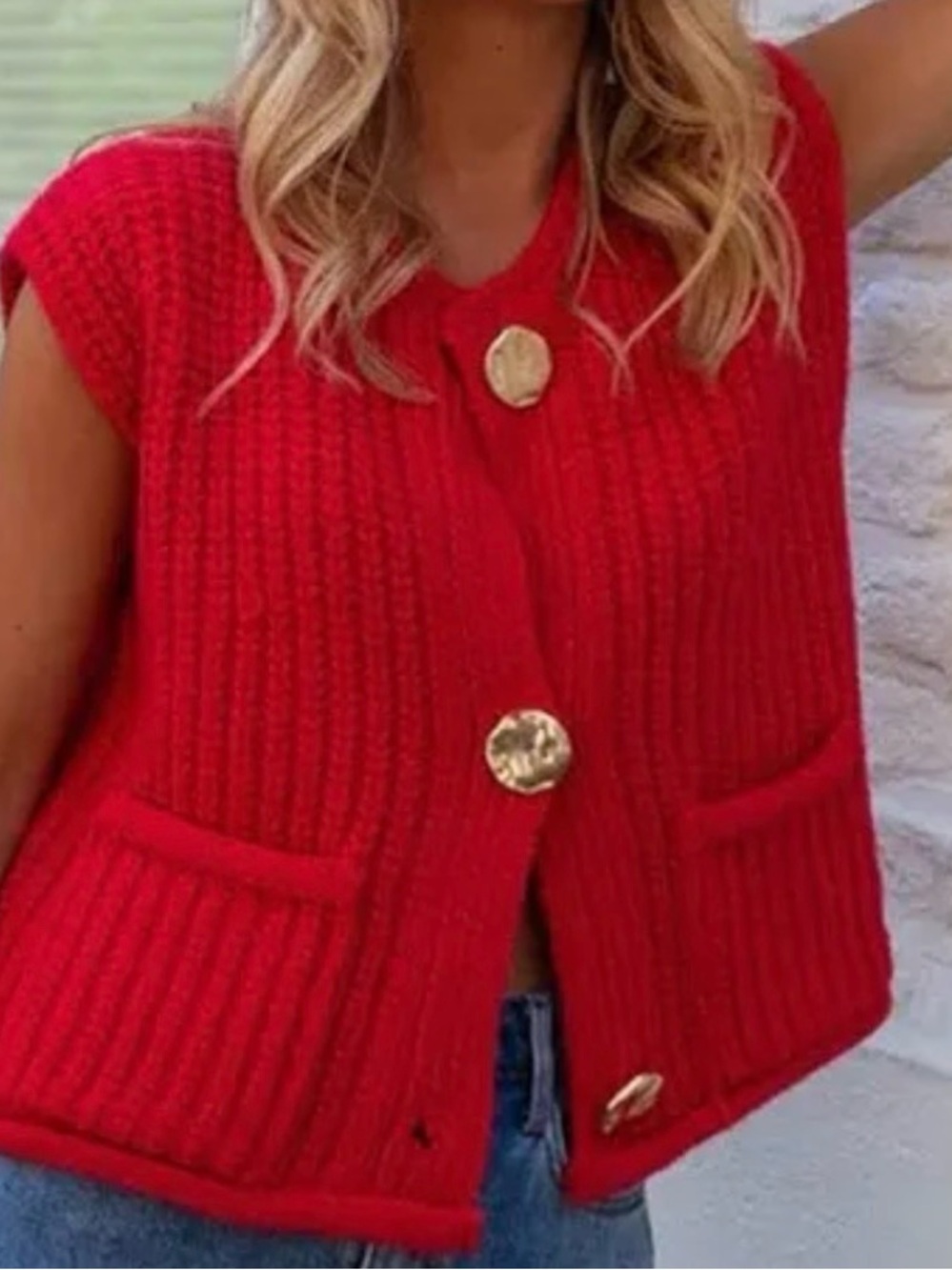 Red Chunky Knit Button Front Vest gold button Sweater large